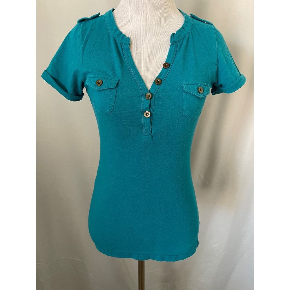 Color Story Teal Blue Button Down Neckline Short Sleeve Fitted Tee